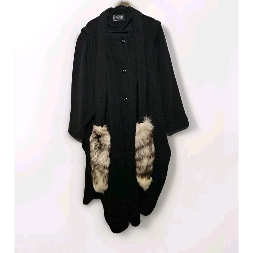 Vintage Komitor Wool Blend Cape Black Fur Accents One Size Fits All